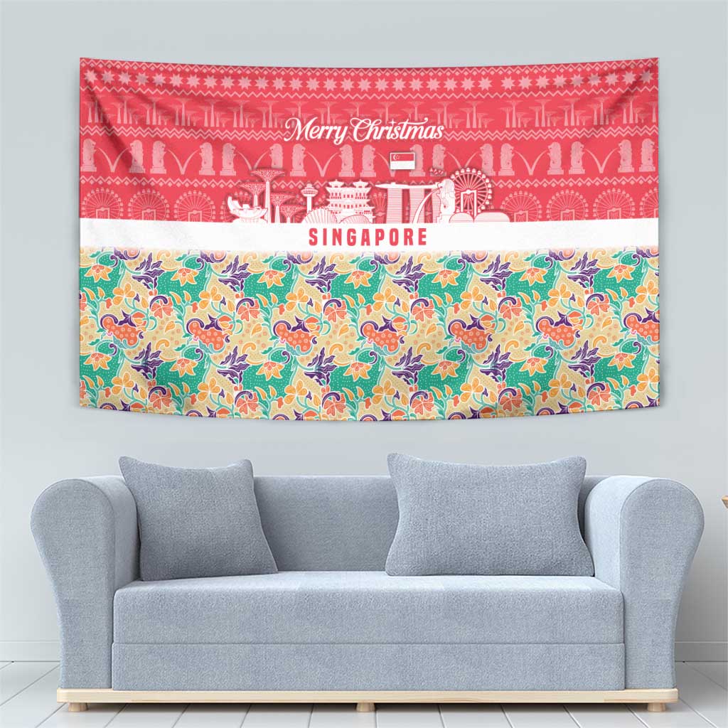 Singapore Christmas Tapestry with Skyline Batik Patterns Landmark Silhouettes and Festive Design - Wonder Print Shop