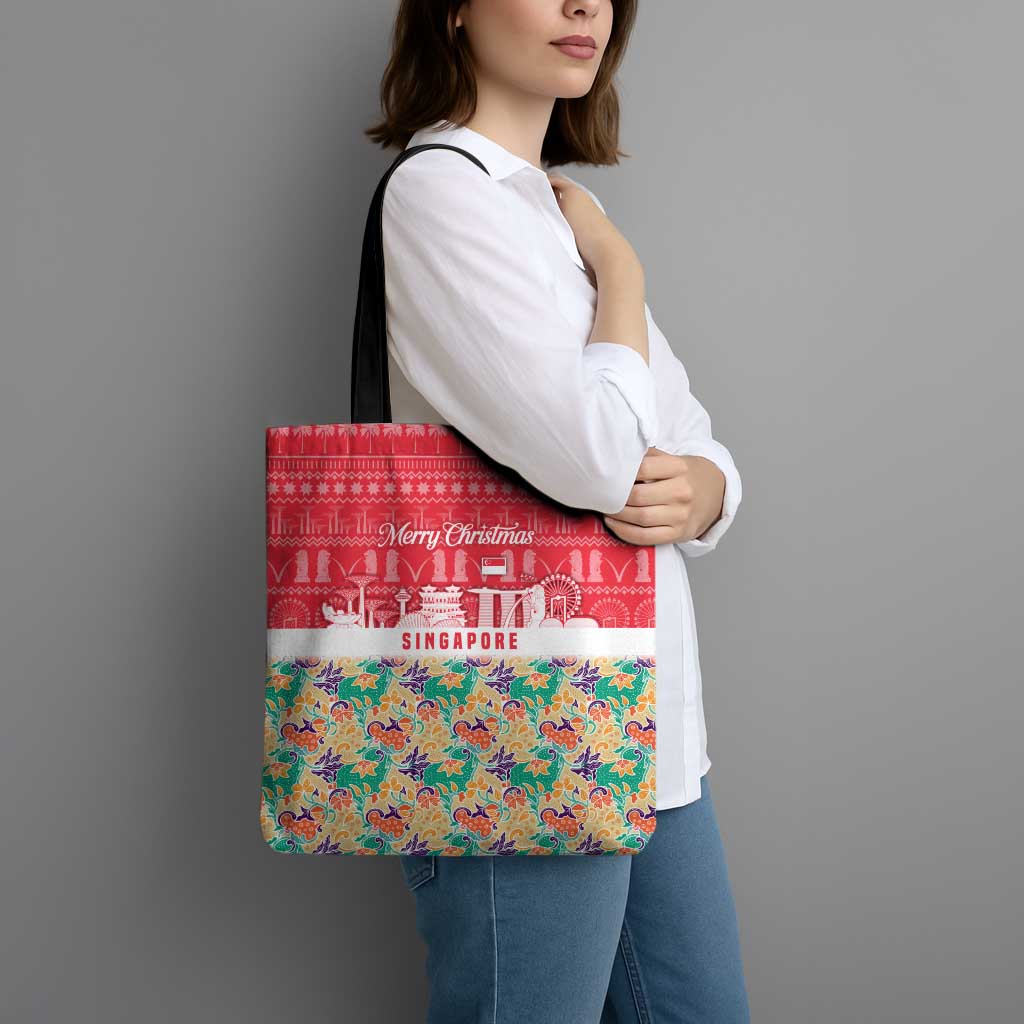 Singapore Christmas Tote Bag with Skyline Batik Patterns Landmark Silhouettes and Festive Design - Wonder Print Shop