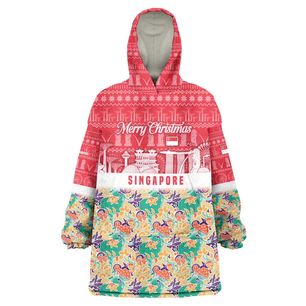 Singapore Christmas Wearable Blanket Hoodie with Skyline Batik Patterns Landmark Silhouettes and Festive Design - Wonder Print Shop