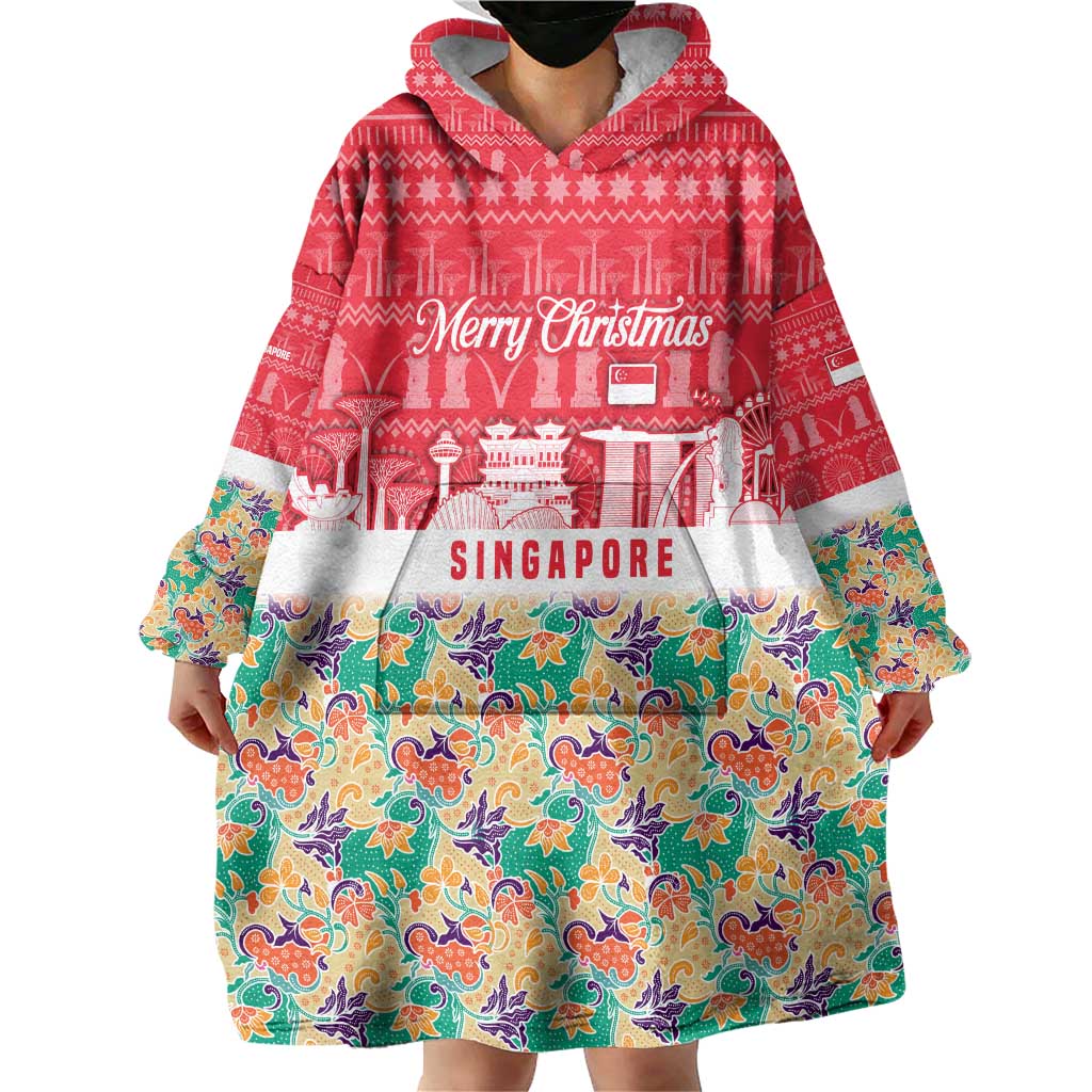 Singapore Christmas Wearable Blanket Hoodie with Skyline Batik Patterns Landmark Silhouettes and Festive Design - Wonder Print Shop