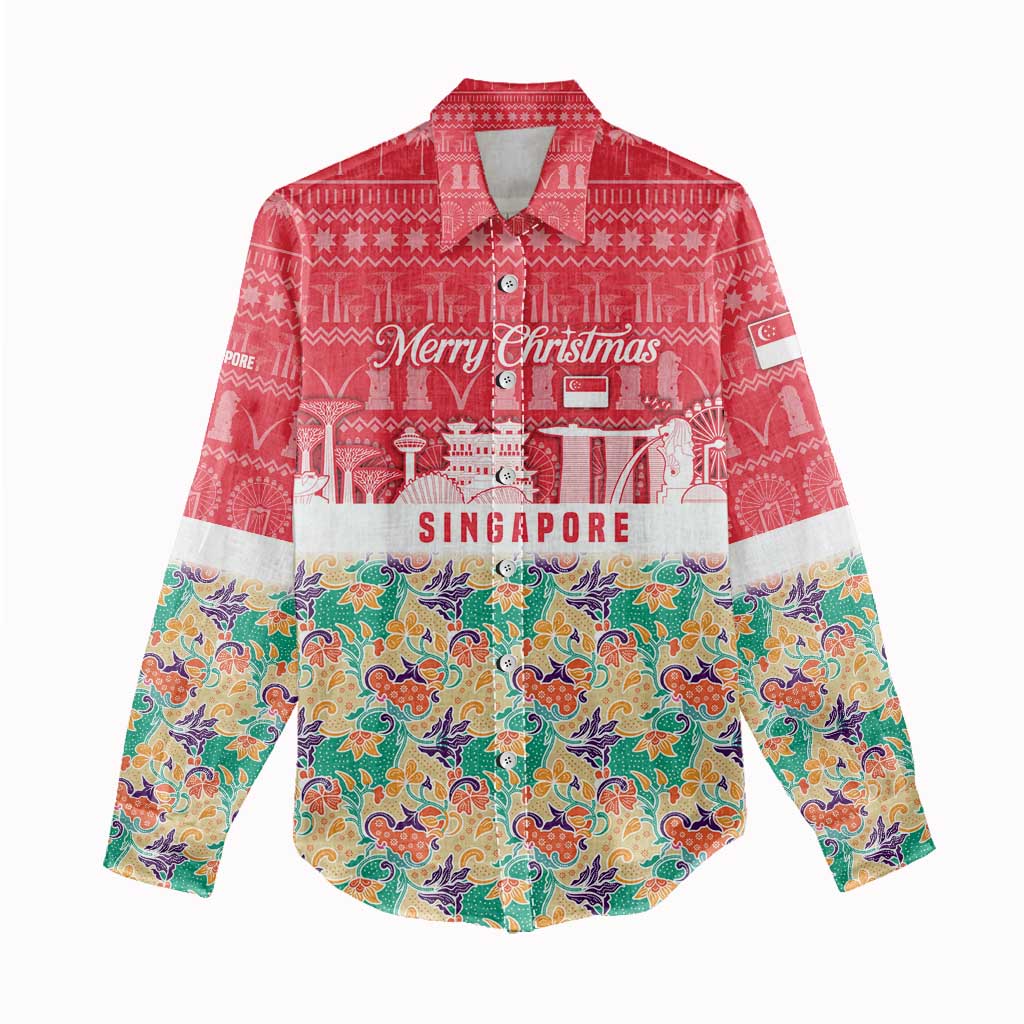 Singapore Christmas Women Casual Shirt with Skyline Batik Patterns Landmark Silhouettes and Festive Design - Wonder Print Shop
