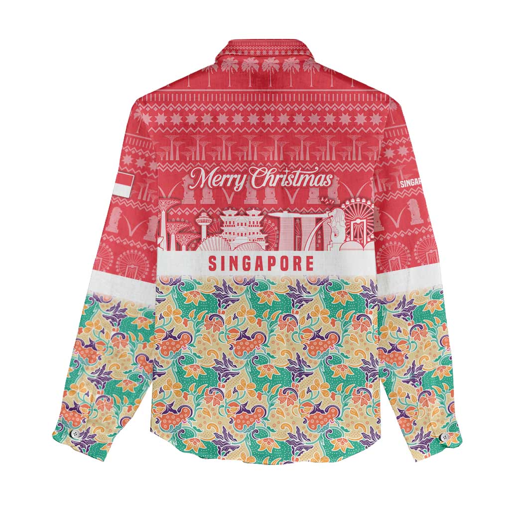 Singapore Christmas Women Casual Shirt with Skyline Batik Patterns Landmark Silhouettes and Festive Design - Wonder Print Shop