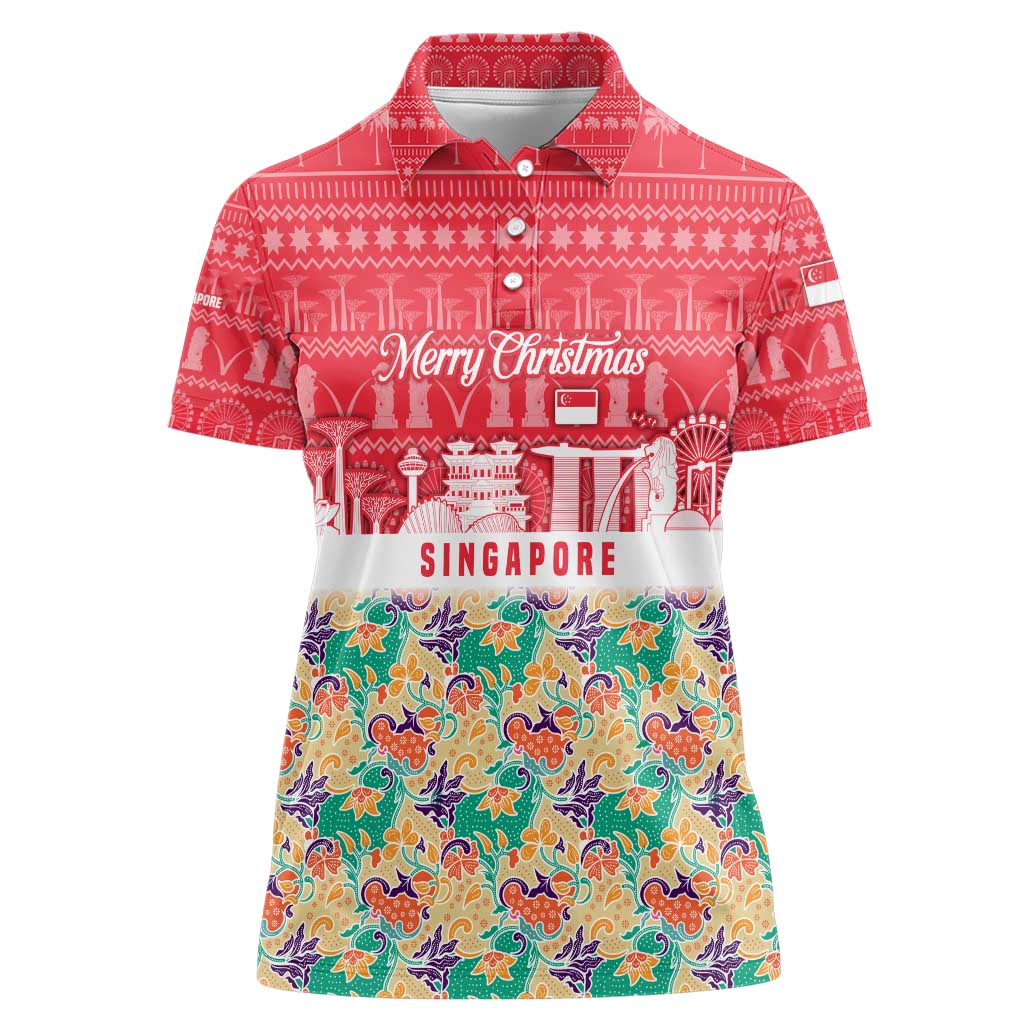 Singapore Christmas Women Polo Shirt with Skyline Batik Patterns Landmark Silhouettes and Festive Design - Wonder Print Shop