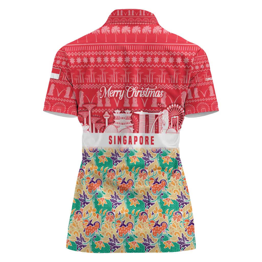 Singapore Christmas Women Polo Shirt with Skyline Batik Patterns Landmark Silhouettes and Festive Design - Wonder Print Shop