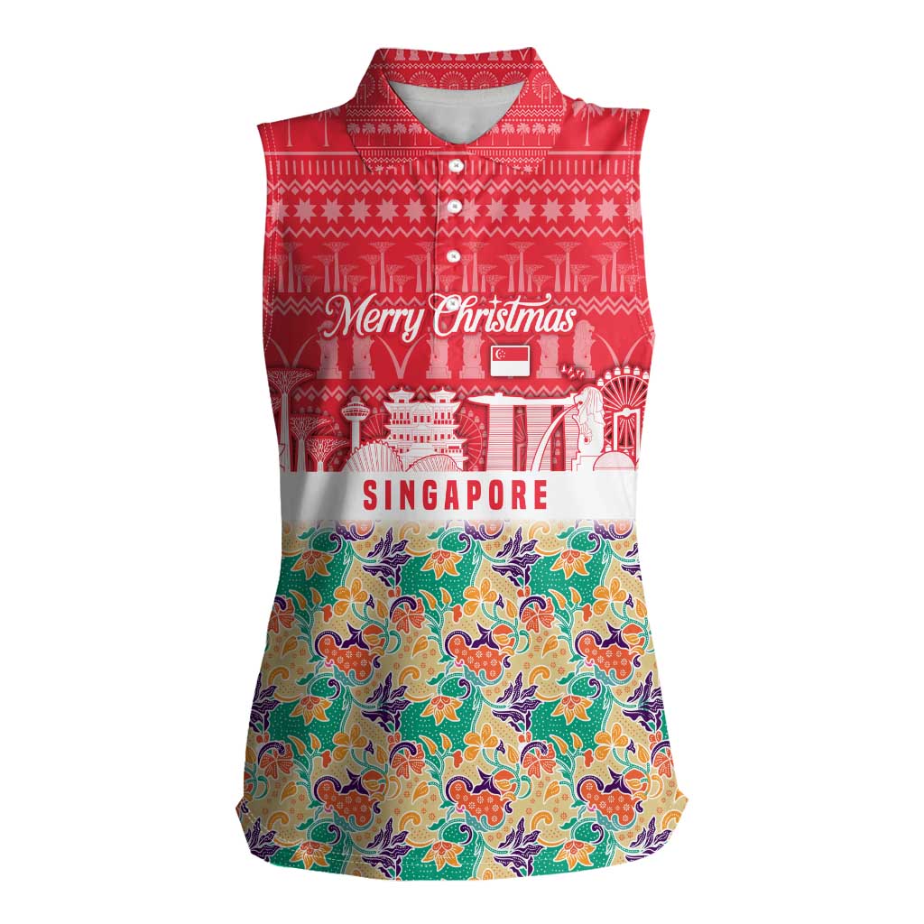 Singapore Christmas Women Sleeveless Polo Shirt with Skyline Batik Patterns Landmark Silhouettes and Festive Design - Wonder Print Shop