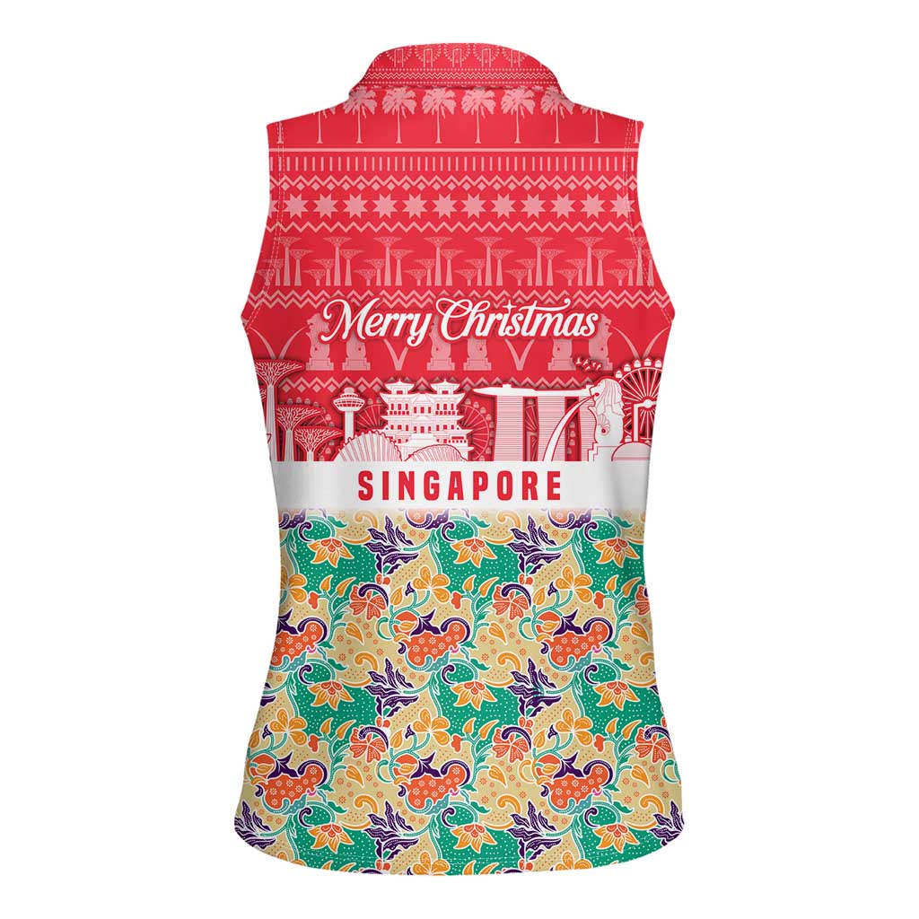 Singapore Christmas Women Sleeveless Polo Shirt with Skyline Batik Patterns Landmark Silhouettes and Festive Design - Wonder Print Shop