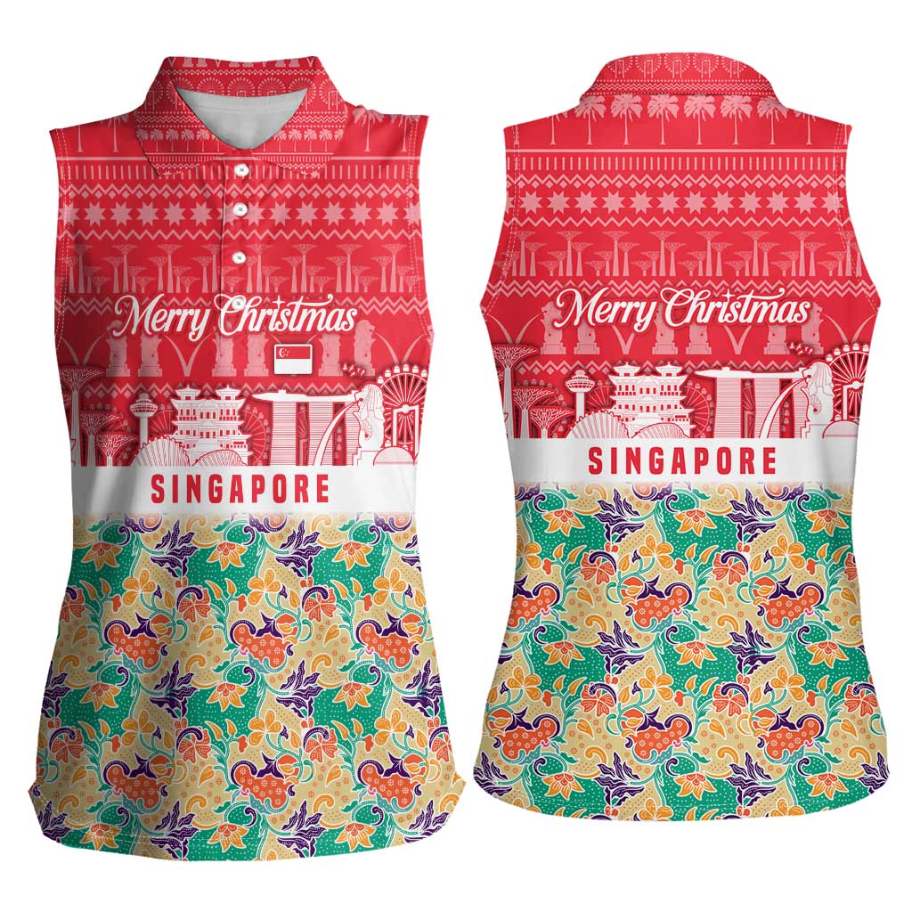 Singapore Christmas Women Sleeveless Polo Shirt with Skyline Batik Patterns Landmark Silhouettes and Festive Design - Wonder Print Shop