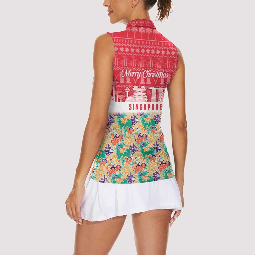 Singapore Christmas Women Sleeveless Polo Shirt with Skyline Batik Patterns Landmark Silhouettes and Festive Design - Wonder Print Shop