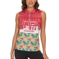 Singapore Christmas Women Sleeveless Polo Shirt with Skyline Batik Patterns Landmark Silhouettes and Festive Design - Wonder Print Shop