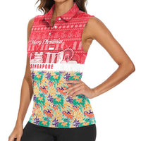 Singapore Christmas Women Sleeveless Polo Shirt with Skyline Batik Patterns Landmark Silhouettes and Festive Design - Wonder Print Shop
