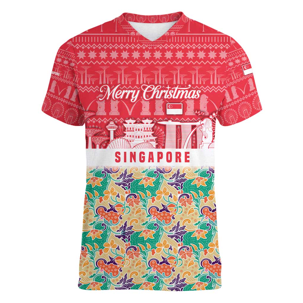 Singapore Christmas Women V-Neck T-Shirt with Skyline Batik Patterns Landmark Silhouettes and Festive Design - Wonder Print Shop
