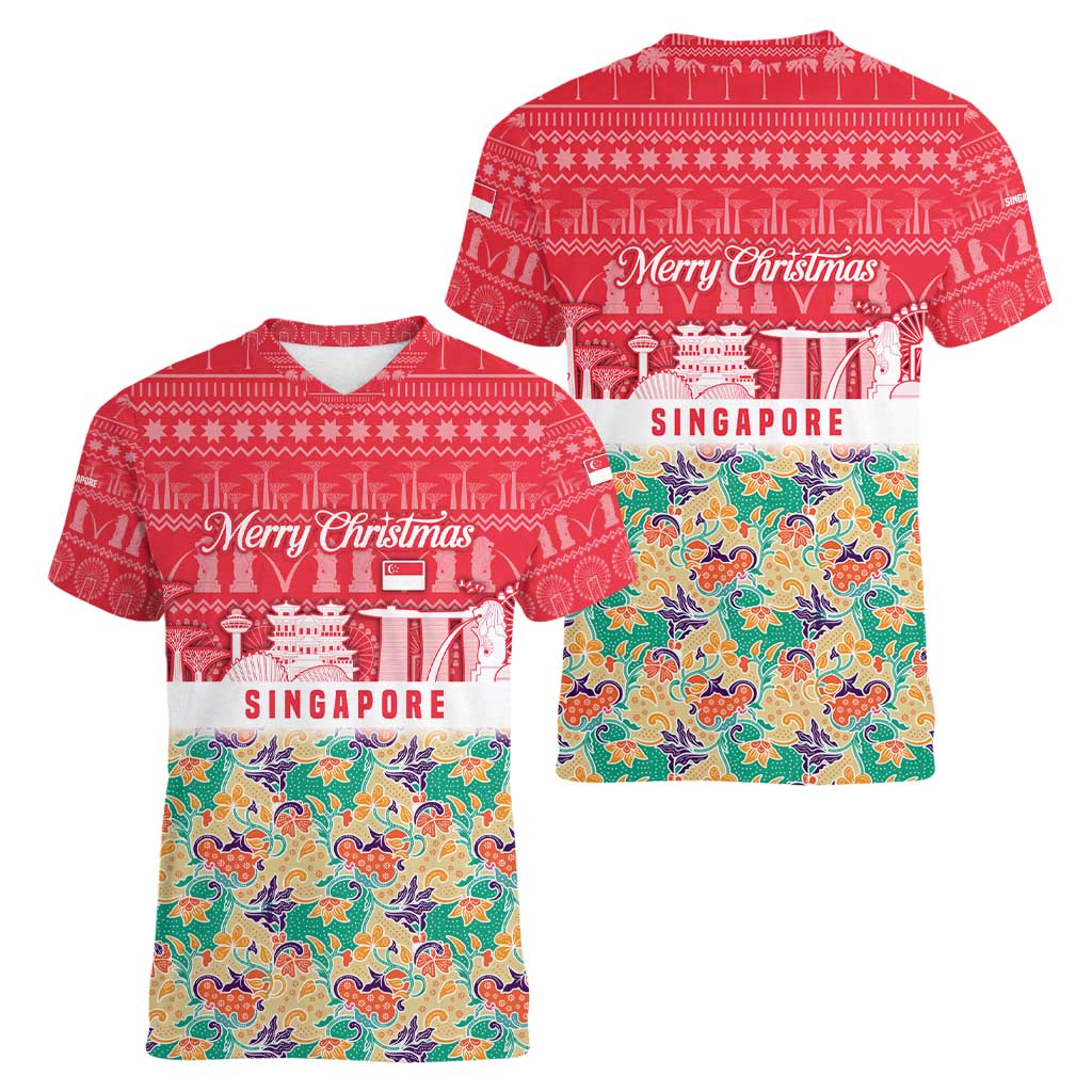 Singapore Christmas Women V-Neck T-Shirt with Skyline Batik Patterns Landmark Silhouettes and Festive Design - Wonder Print Shop
