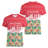 Singapore Christmas Women V-Neck T-Shirt with Skyline Batik Patterns Landmark Silhouettes and Festive Design - Wonder Print Shop