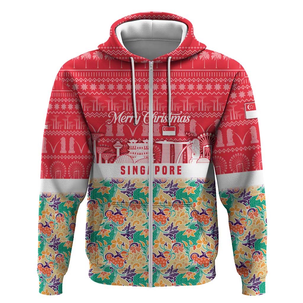 Singapore Christmas Zip Hoodie with Skyline Batik Patterns Landmark Silhouettes and Festive Design - Wonder Print Shop