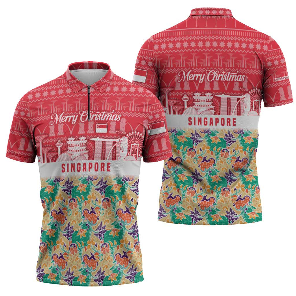 Singapore Christmas Zipper Polo Shirt with Skyline Batik Patterns Landmark Silhouettes and Festive Design - Wonder Print Shop