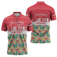 Singapore Christmas Zipper Polo Shirt with Skyline Batik Patterns Landmark Silhouettes and Festive Design - Wonder Print Shop