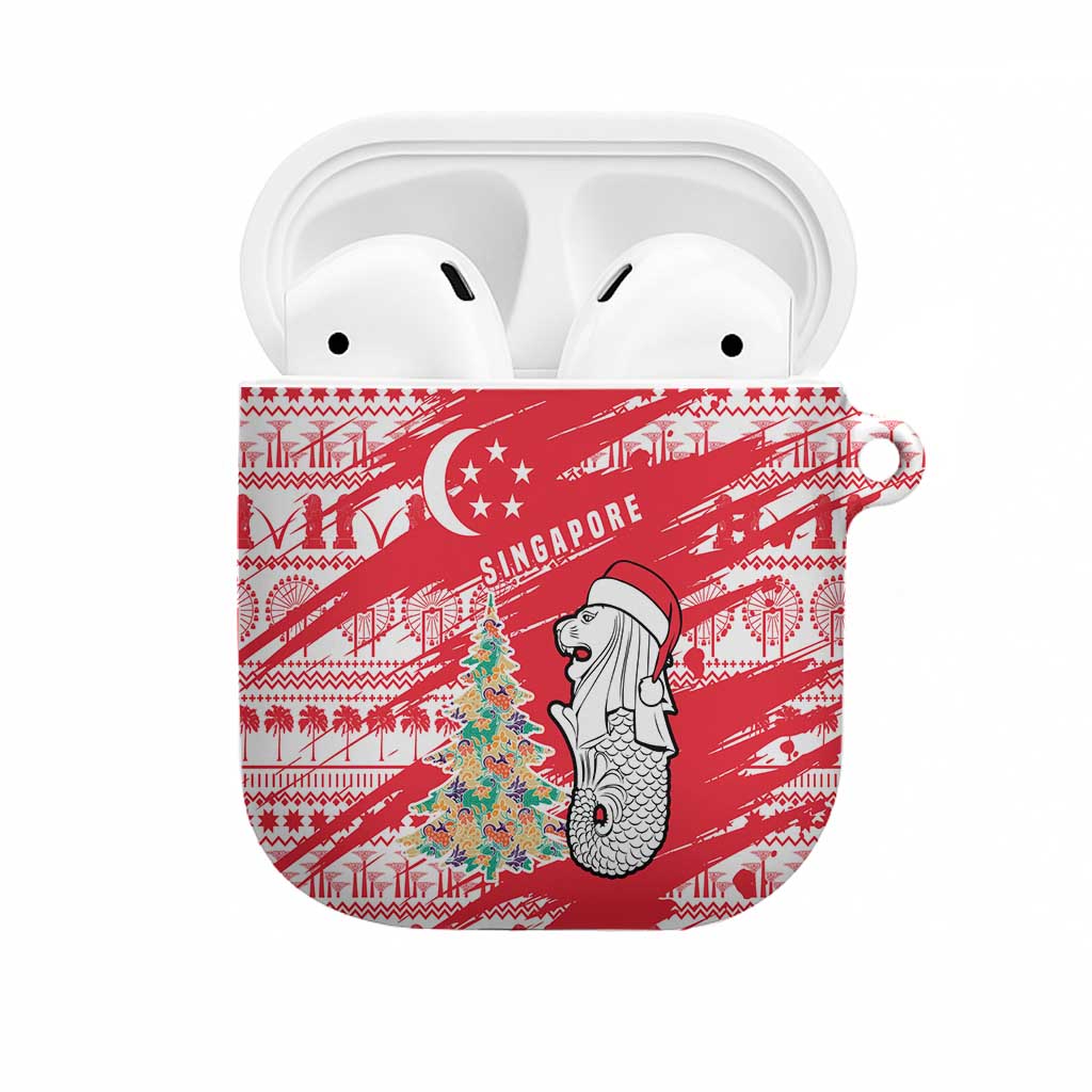 Singapore Christmas AirPods Case with Merlion Santa Hat Batik Christmas Tree and City Skyline Design - Wonder Print Shop