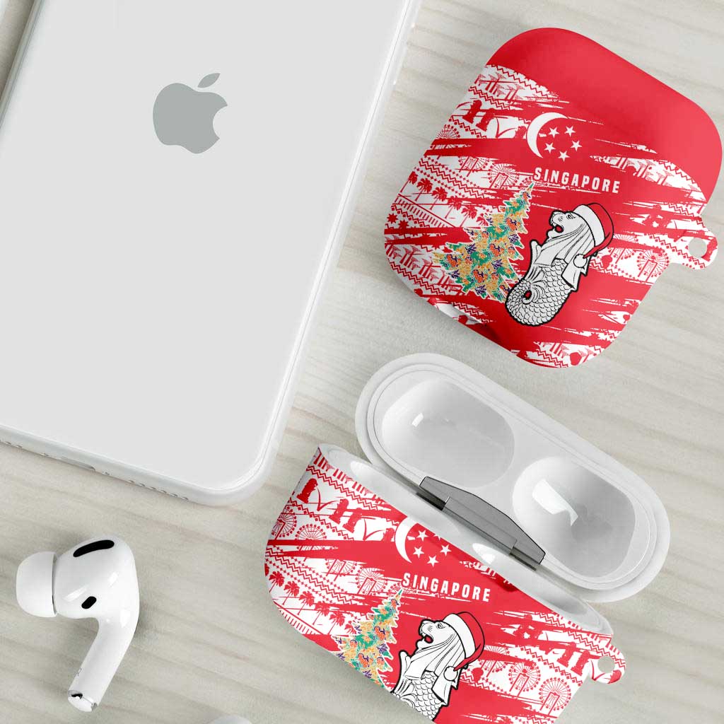 Singapore Christmas AirPods Case with Merlion Santa Hat Batik Christmas Tree and City Skyline Design - Wonder Print Shop
