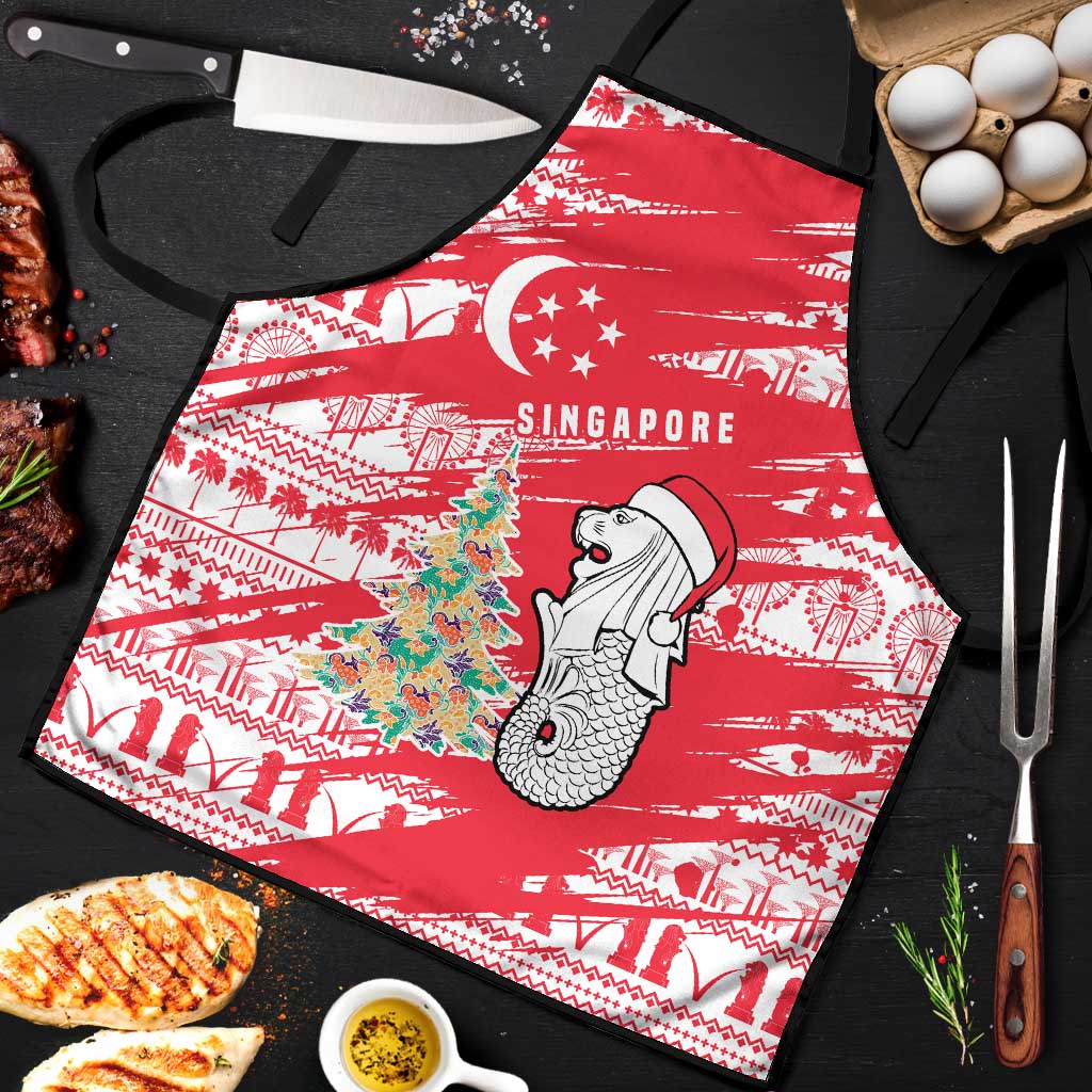 Singapore Christmas Apron with Merlion Santa Hat Batik Christmas Tree and City Skyline Design - Wonder Print Shop
