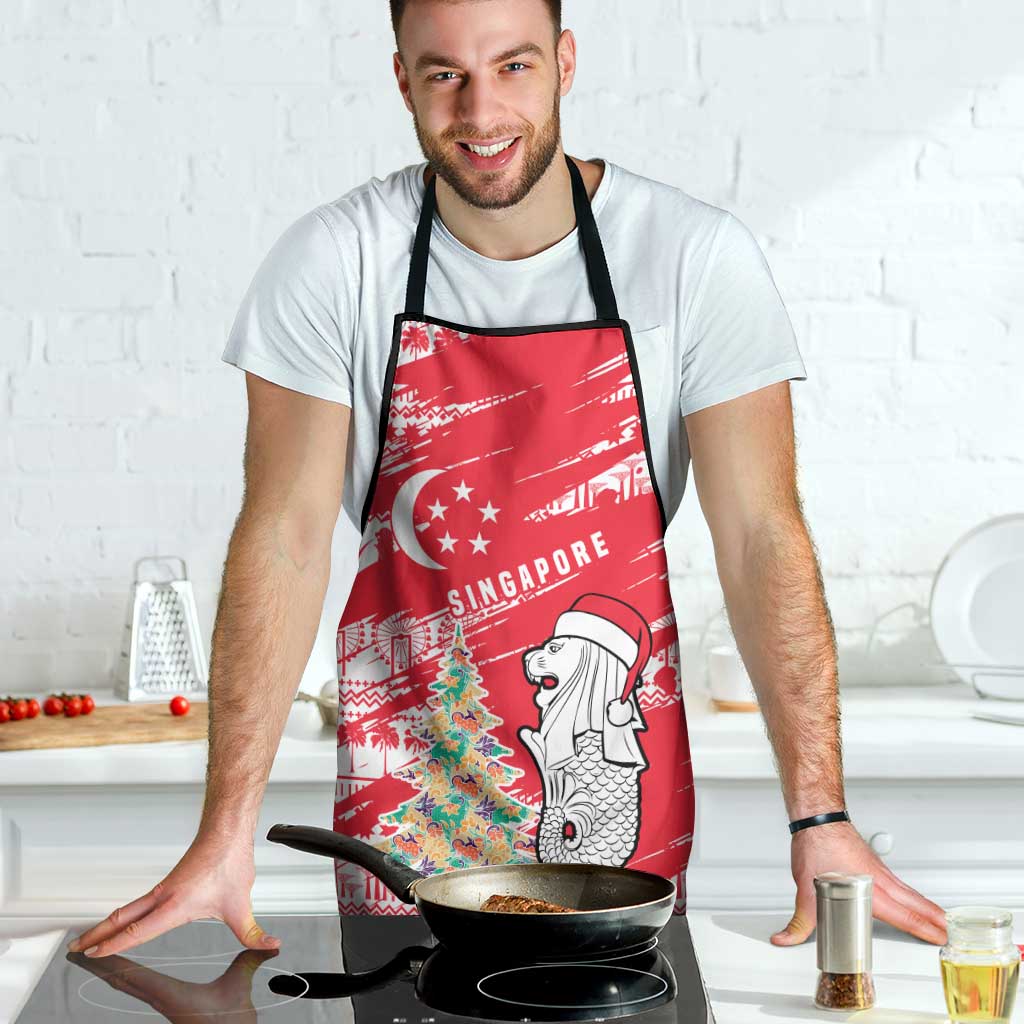 Singapore Christmas Apron with Merlion Santa Hat Batik Christmas Tree and City Skyline Design - Wonder Print Shop
