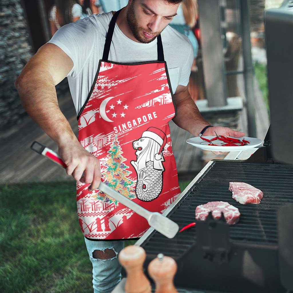Singapore Christmas Apron with Merlion Santa Hat Batik Christmas Tree and City Skyline Design - Wonder Print Shop