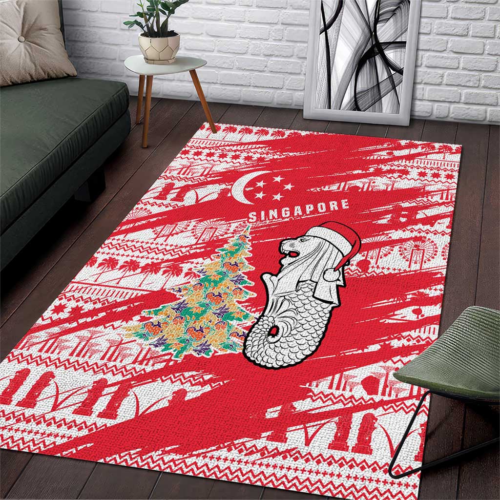 Singapore Christmas Area Rug with Merlion Santa Hat Batik Christmas Tree and City Skyline Design - Wonder Print Shop