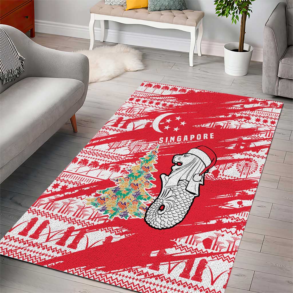 Singapore Christmas Area Rug with Merlion Santa Hat Batik Christmas Tree and City Skyline Design - Wonder Print Shop