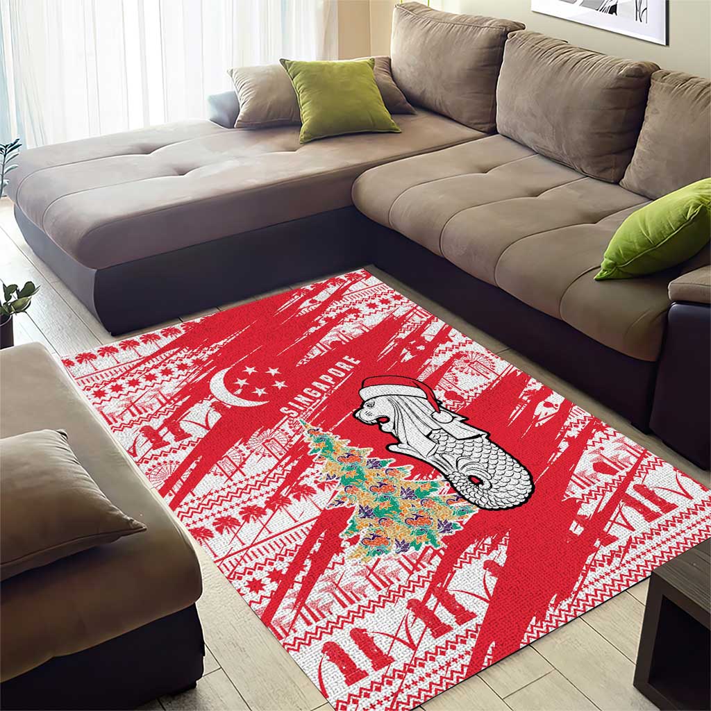 Singapore Christmas Area Rug with Merlion Santa Hat Batik Christmas Tree and City Skyline Design - Wonder Print Shop
