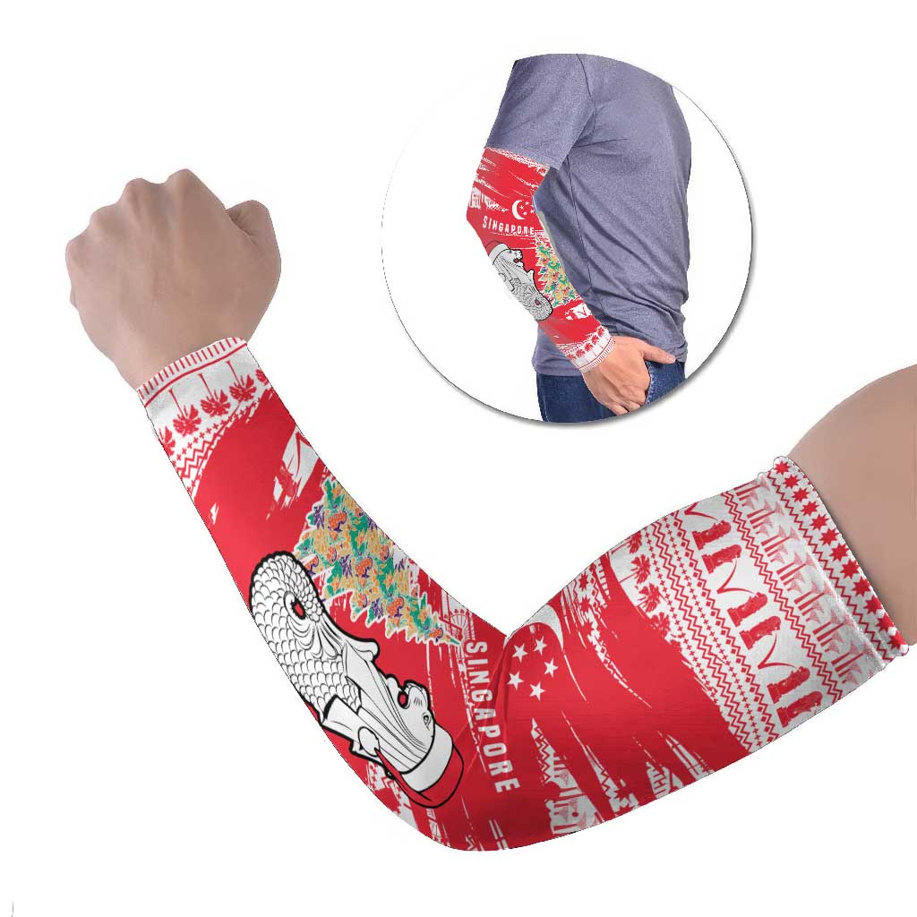 Singapore Christmas Arm Sleeves with Merlion Santa Hat Batik Christmas Tree and City Skyline Design - Wonder Print Shop
