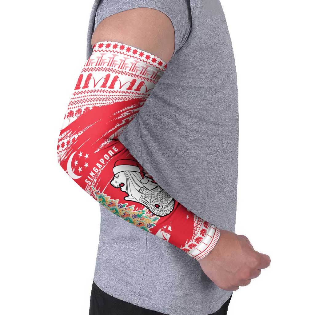 Singapore Christmas Arm Sleeves with Merlion Santa Hat Batik Christmas Tree and City Skyline Design - Wonder Print Shop