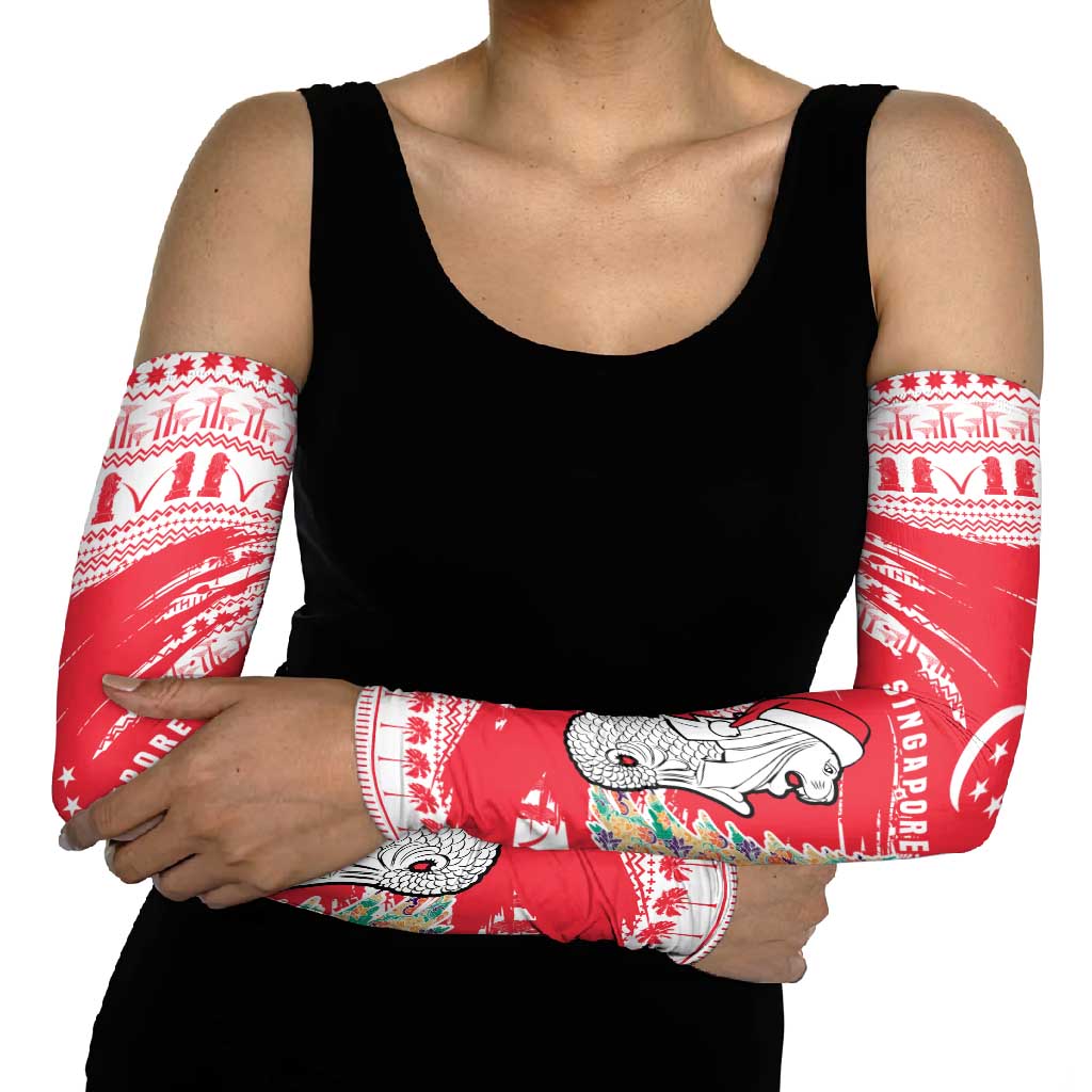 Singapore Christmas Arm Sleeves with Merlion Santa Hat Batik Christmas Tree and City Skyline Design - Wonder Print Shop