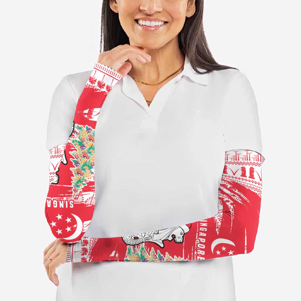 Singapore Christmas Arm Sleeves with Merlion Santa Hat Batik Christmas Tree and City Skyline Design - Wonder Print Shop