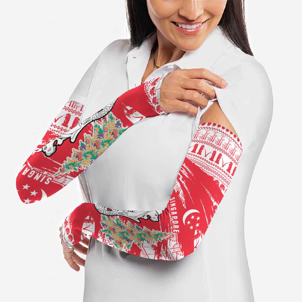 Singapore Christmas Arm Sleeves with Merlion Santa Hat Batik Christmas Tree and City Skyline Design - Wonder Print Shop