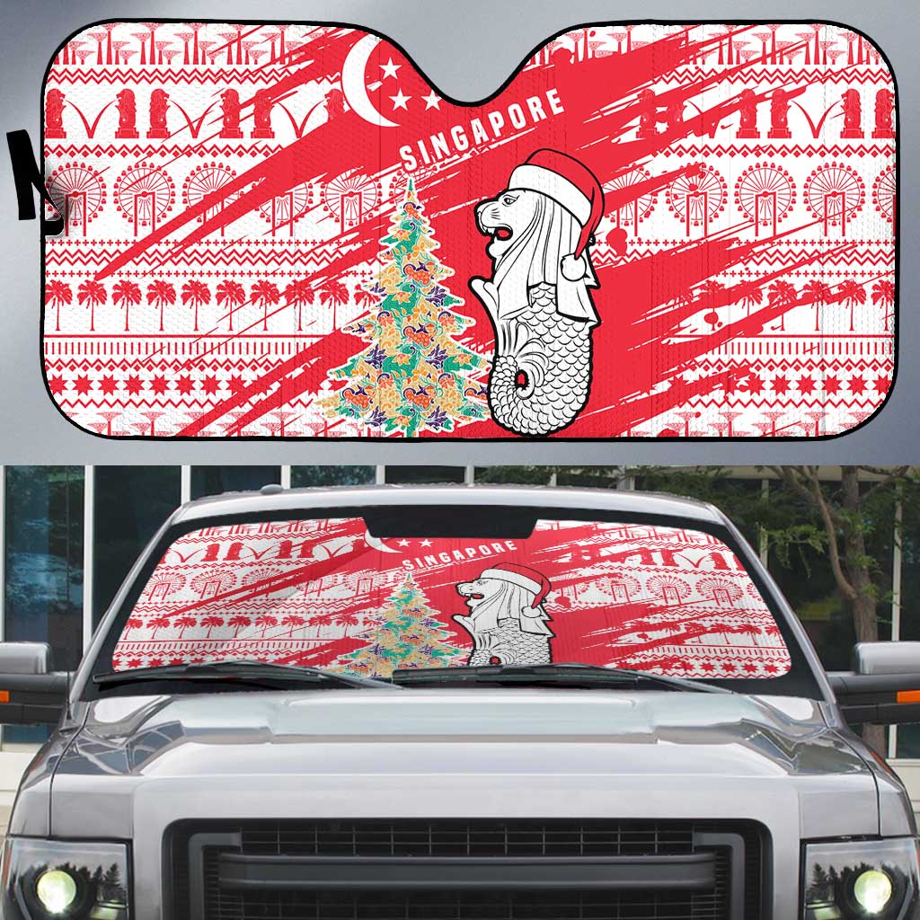 Singapore Christmas Auto Sun Shade with Merlion Santa Hat Batik Christmas Tree and City Skyline Design - Wonder Print Shop