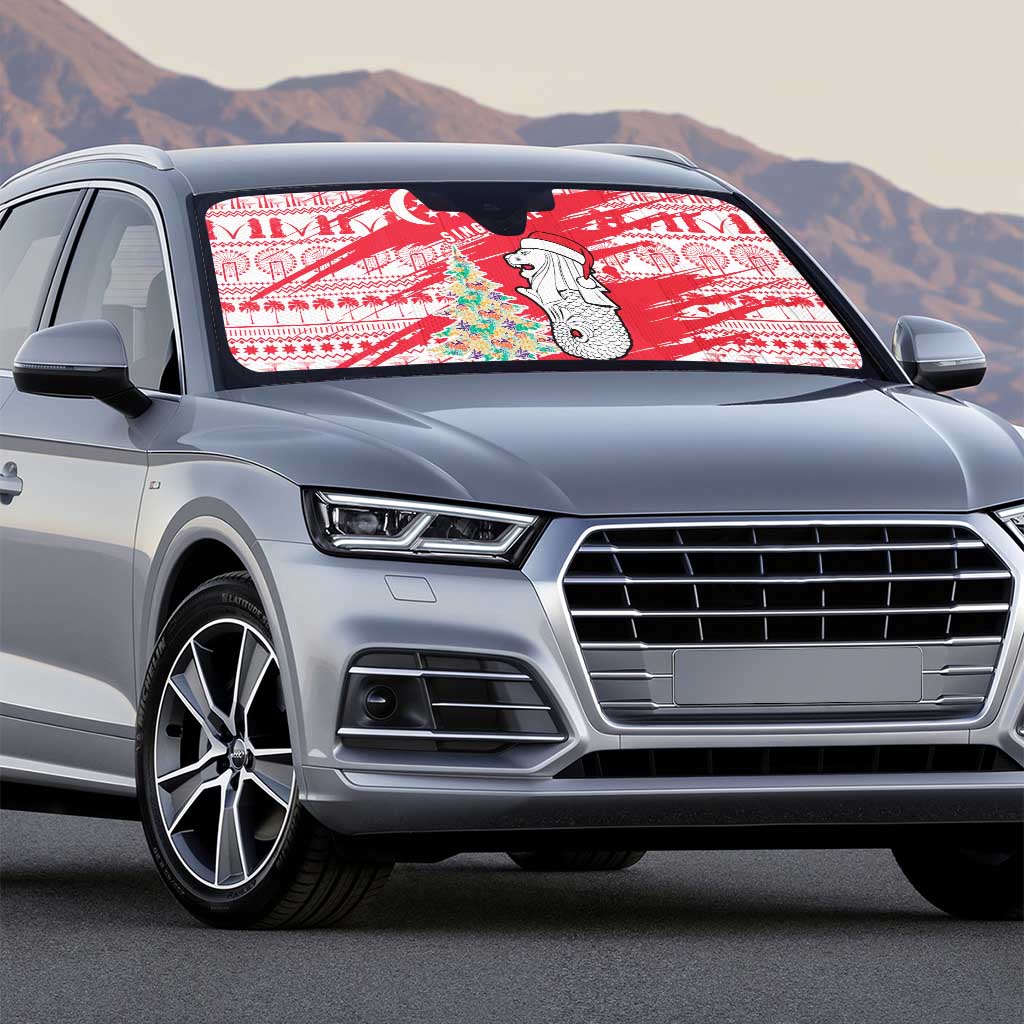 Singapore Christmas Auto Sun Shade with Merlion Santa Hat Batik Christmas Tree and City Skyline Design - Wonder Print Shop