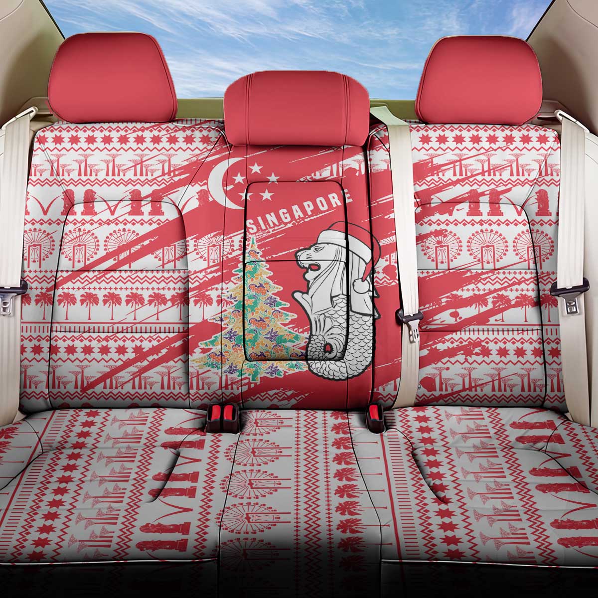 Singapore Christmas Back Car Seat Cover with Merlion Santa Hat Batik Christmas Tree and City Skyline Design - Wonder Print Shop