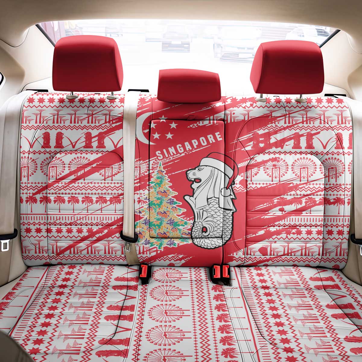 Singapore Christmas Back Car Seat Cover with Merlion Santa Hat Batik Christmas Tree and City Skyline Design - Wonder Print Shop