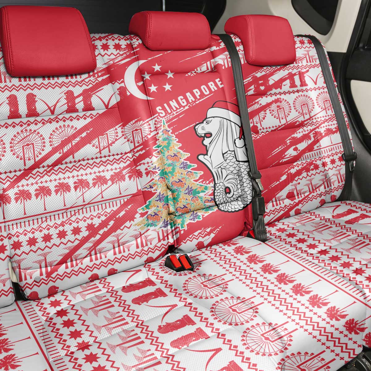 Singapore Christmas Back Car Seat Cover with Merlion Santa Hat Batik Christmas Tree and City Skyline Design - Wonder Print Shop
