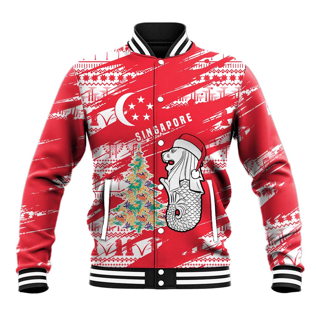 Singapore Christmas Baseball Jacket with Merlion Santa Hat Batik Christmas Tree and City Skyline Design - Wonder Print Shop