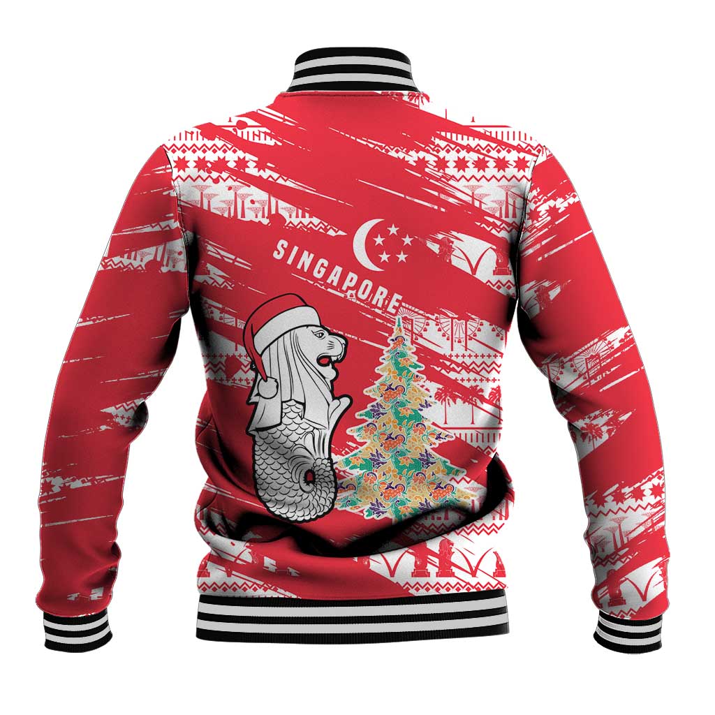 Singapore Christmas Baseball Jacket with Merlion Santa Hat Batik Christmas Tree and City Skyline Design - Wonder Print Shop