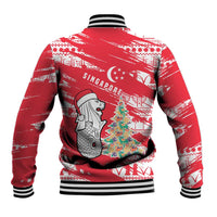 Singapore Christmas Baseball Jacket with Merlion Santa Hat Batik Christmas Tree and City Skyline Design - Wonder Print Shop