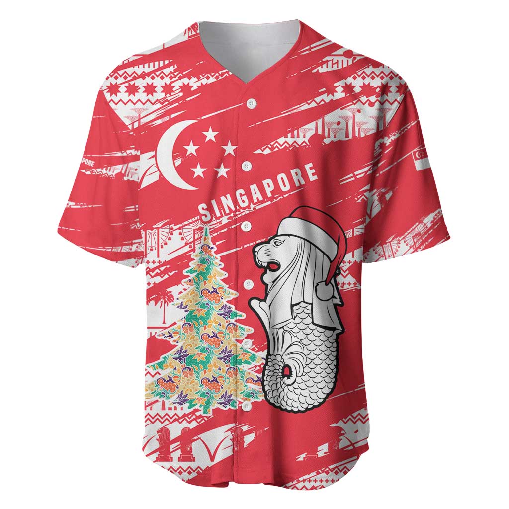 Singapore Christmas Baseball Jersey with Merlion Santa Hat Batik Christmas Tree and City Skyline Design - Wonder Print Shop