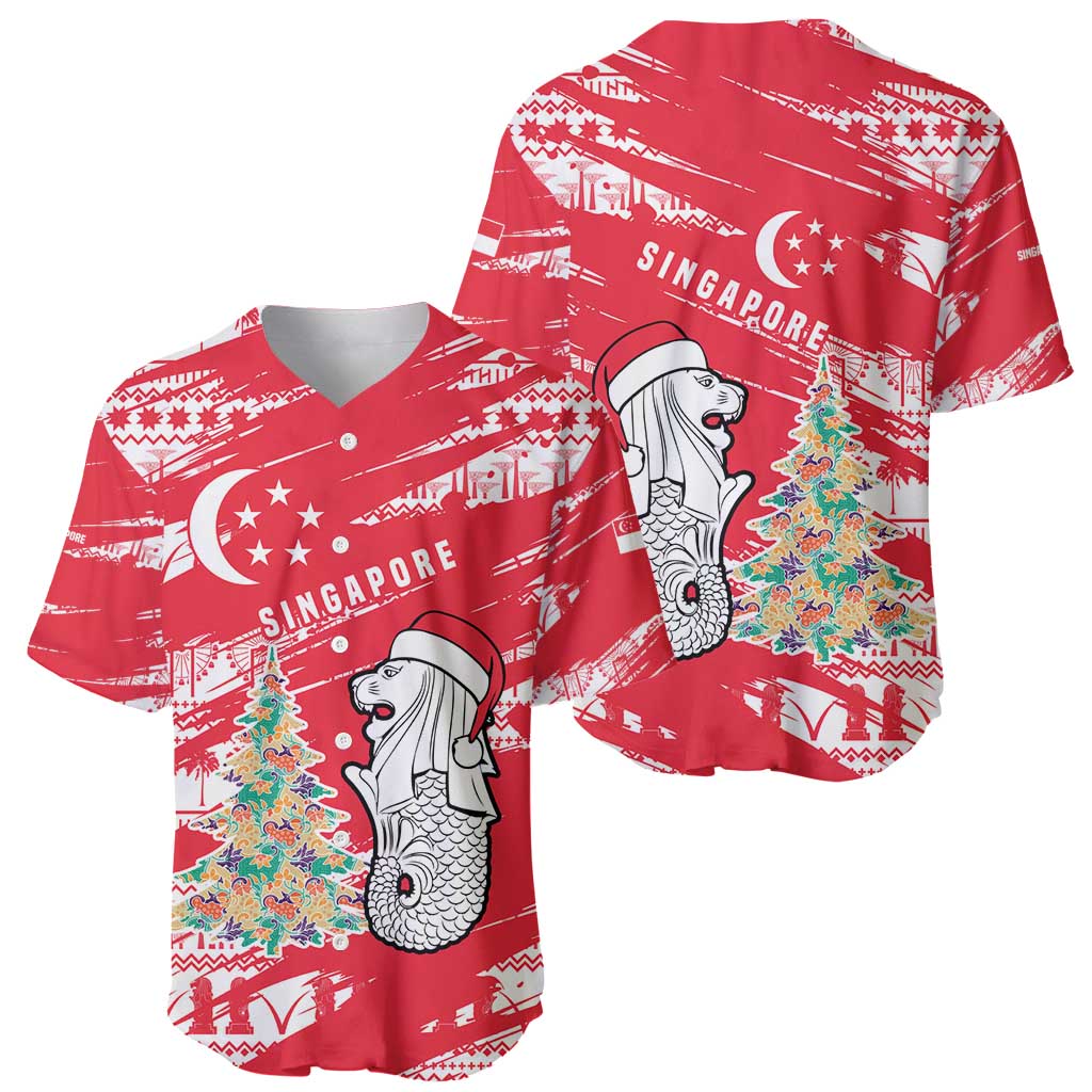 Singapore Christmas Baseball Jersey with Merlion Santa Hat Batik Christmas Tree and City Skyline Design - Wonder Print Shop