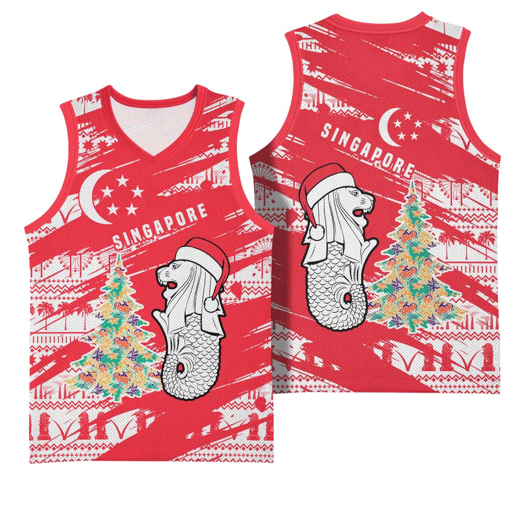 Singapore Christmas Basketball Jersey with Merlion Santa Hat Batik Christmas Tree and City Skyline Design - Wonder Print Shop