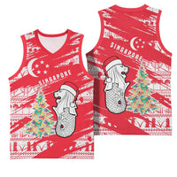 Singapore Christmas Basketball Jersey with Merlion Santa Hat Batik Christmas Tree and City Skyline Design - Wonder Print Shop
