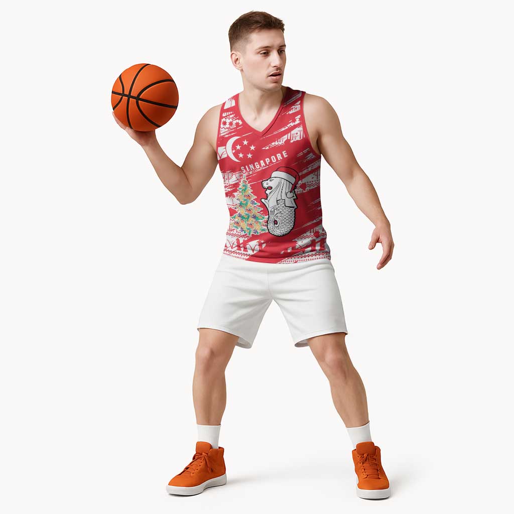 Singapore Christmas Basketball Jersey with Merlion Santa Hat Batik Christmas Tree and City Skyline Design - Wonder Print Shop