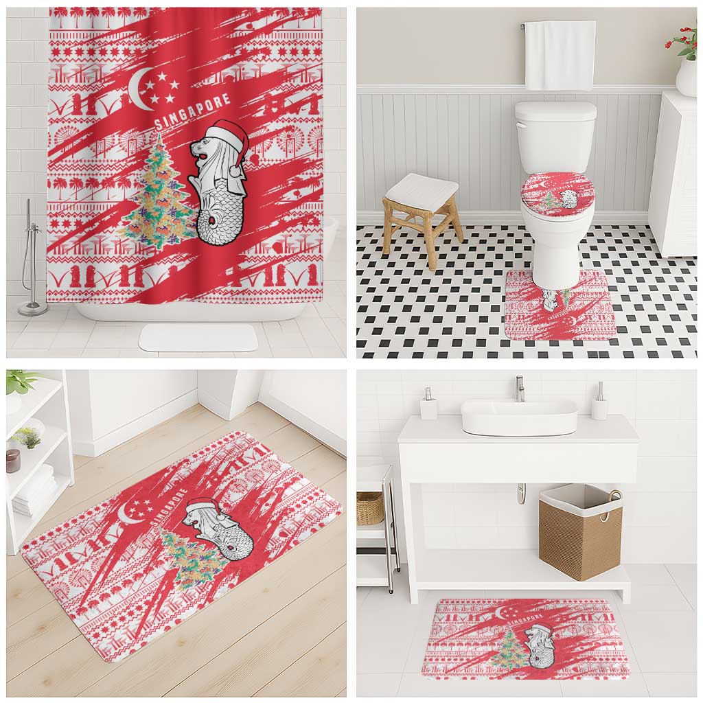 Singapore Christmas Bathroom Set with Merlion Santa Hat Batik Christmas Tree and City Skyline Design - Wonder Print Shop