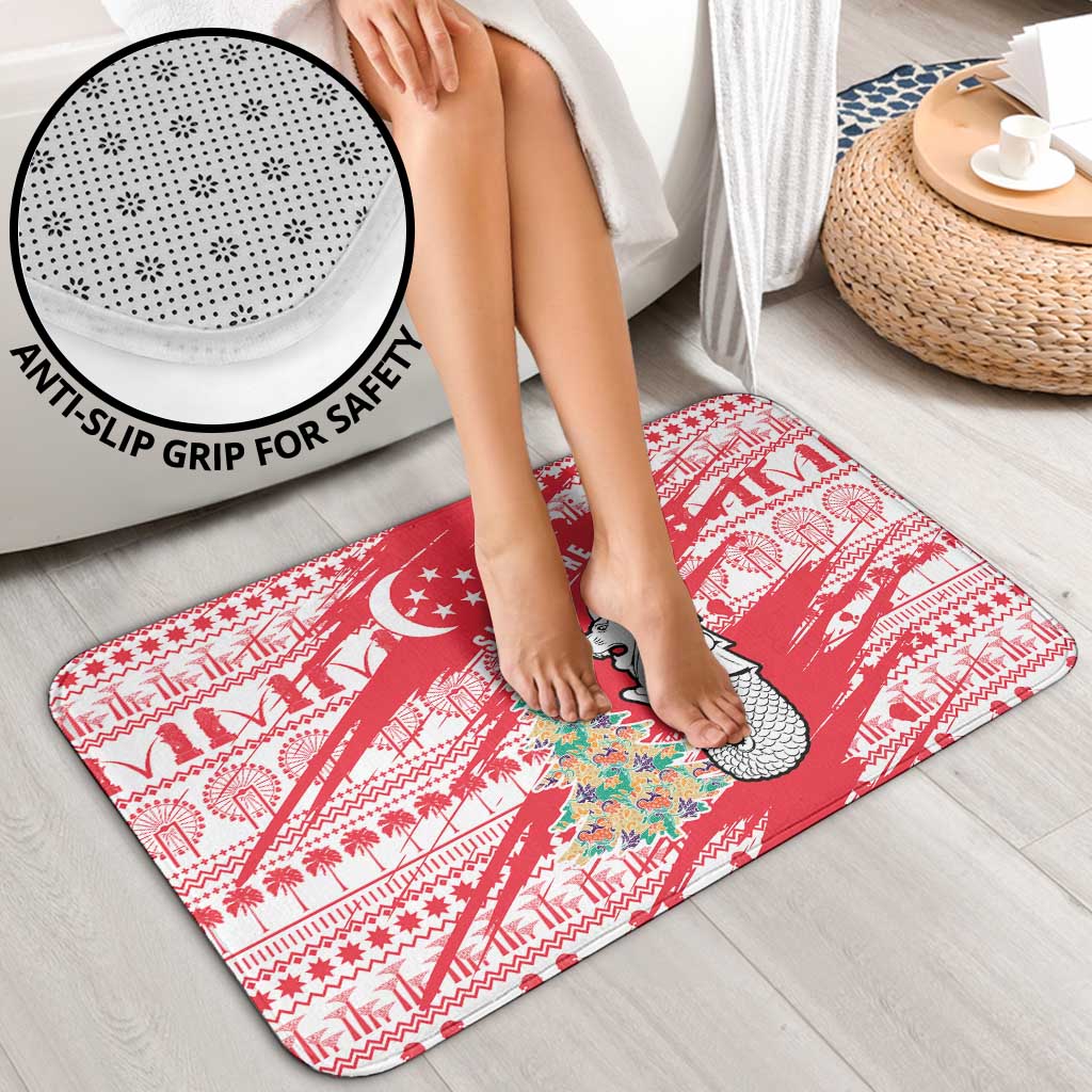 Singapore Christmas Bathroom Set with Merlion Santa Hat Batik Christmas Tree and City Skyline Design - Wonder Print Shop