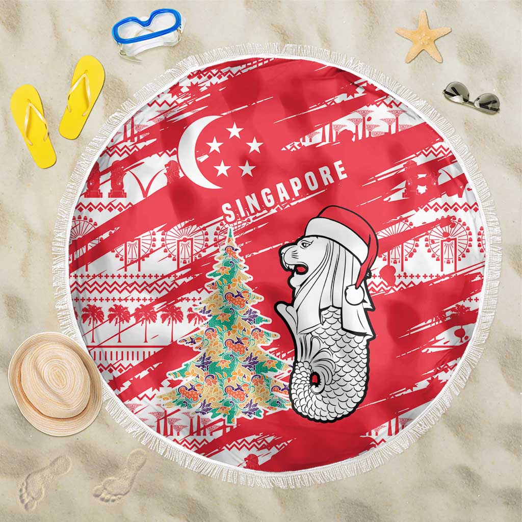Singapore Christmas Beach Blanket with Merlion Santa Hat Batik Christmas Tree and City Skyline Design - Wonder Print Shop