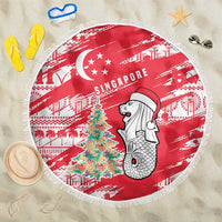 Singapore Christmas Beach Blanket with Merlion Santa Hat Batik Christmas Tree and City Skyline Design - Wonder Print Shop